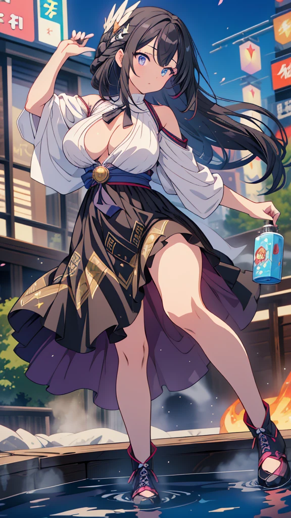 best quality, extremely detailed, anime style girl, long hair down to the waist, straight hair, dark black hair with bluish, beautiful detailed eyes, pinched eyes, dark blue eyes, huge breasts,curvy, ((((A dress made of running water and light)))),hair accessory,((((Luxury cottage rooms by the sea)))),pov face,