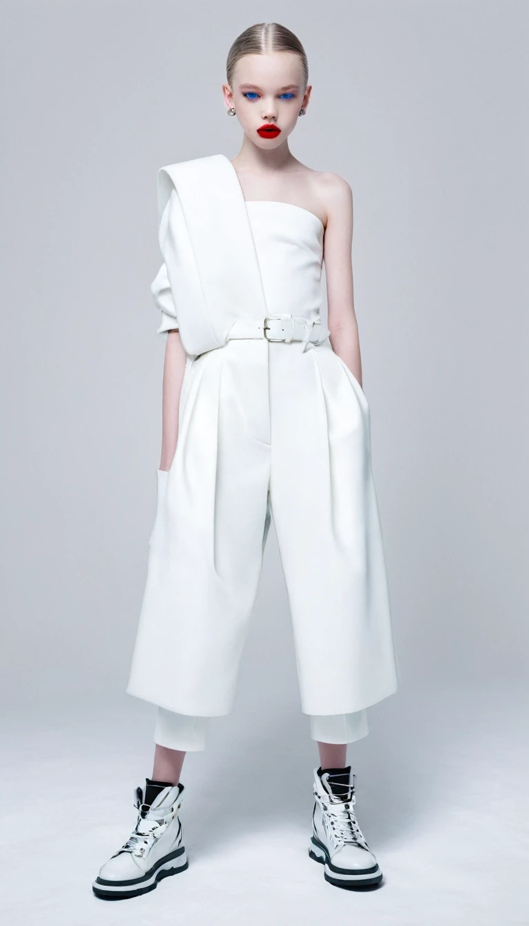 fashion full length photo, girl balenciaga mode, with lips apart, ultra white pale skin, artistic photo, professional photo, perfect cinematic light, full lips, different sides photo, colorful clothing