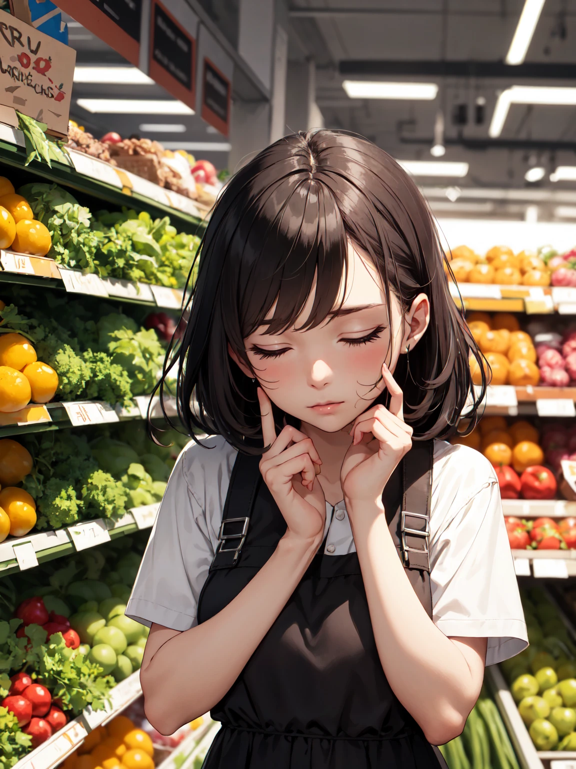 detailed young mother, low side braid tail hair, hand on cheek, finger on cheek, vegitable on her hand, closed eyes, troublesome face, sigh, expensive vegitable, supermarket, absurdres, 8k, detailed plants