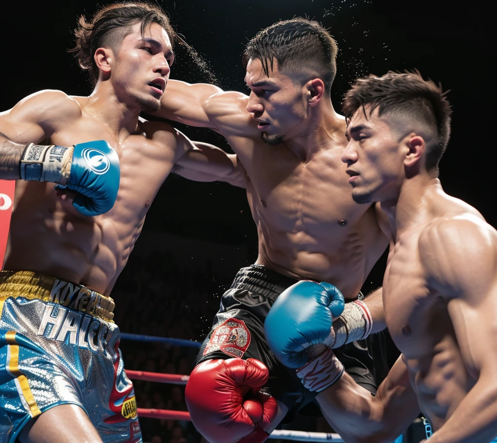 A captivating poster. The composition exudes cinematic lighting and color grading. A boxing match scene in an octagon, a young man in boxing gloves, with a tired expression. A a bright and hopeful atmosphere Aa picture with the following color palettes, #23101C, #772B32, #835C97, #9291A3, #FA7322. Cinematic, 8k, 3D pixar style, high quality