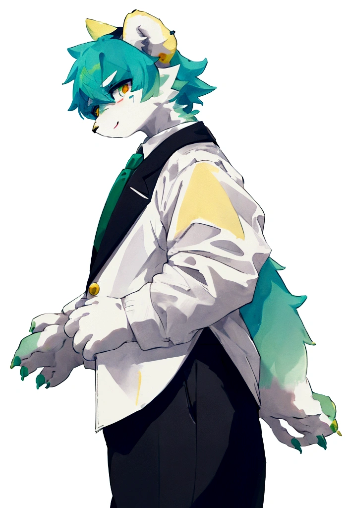 A dragon have big body yellow eyeswith light blue skin with 2 small yellow horn on head with white eyebrow hair 2 color white and dark blue with bear on both cheeks, have a chubby body, Wearing a blue and dark green jacket with a few yellow lines inside, wearing a white collared shirt with a dark green tie and wear bit black pant