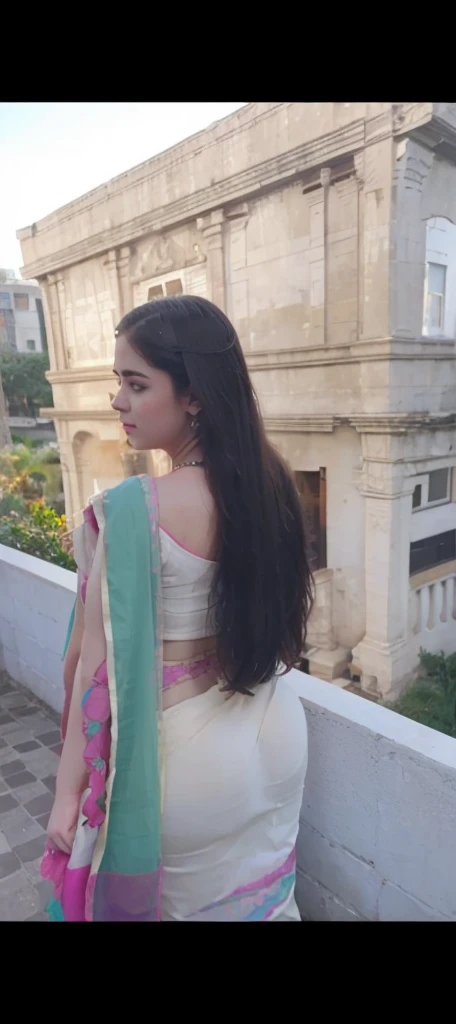 Pale skinned teen girl in saree,backview,big ass,deep ass crack,chubby navel,love handles