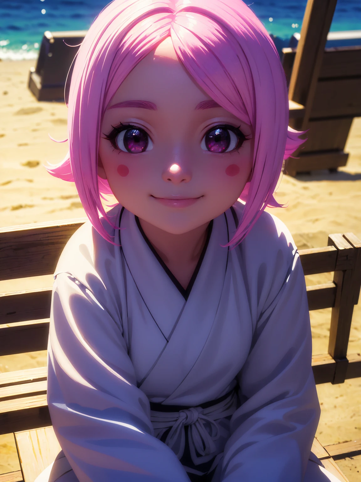 ((ultra detailed work)) , ((vivid colors solar lighting)) , ((face detailed)) , ((body detailed)) a teenage girl sitting on a beach looking at the viewer with a beautiful smile. Yachiru to update