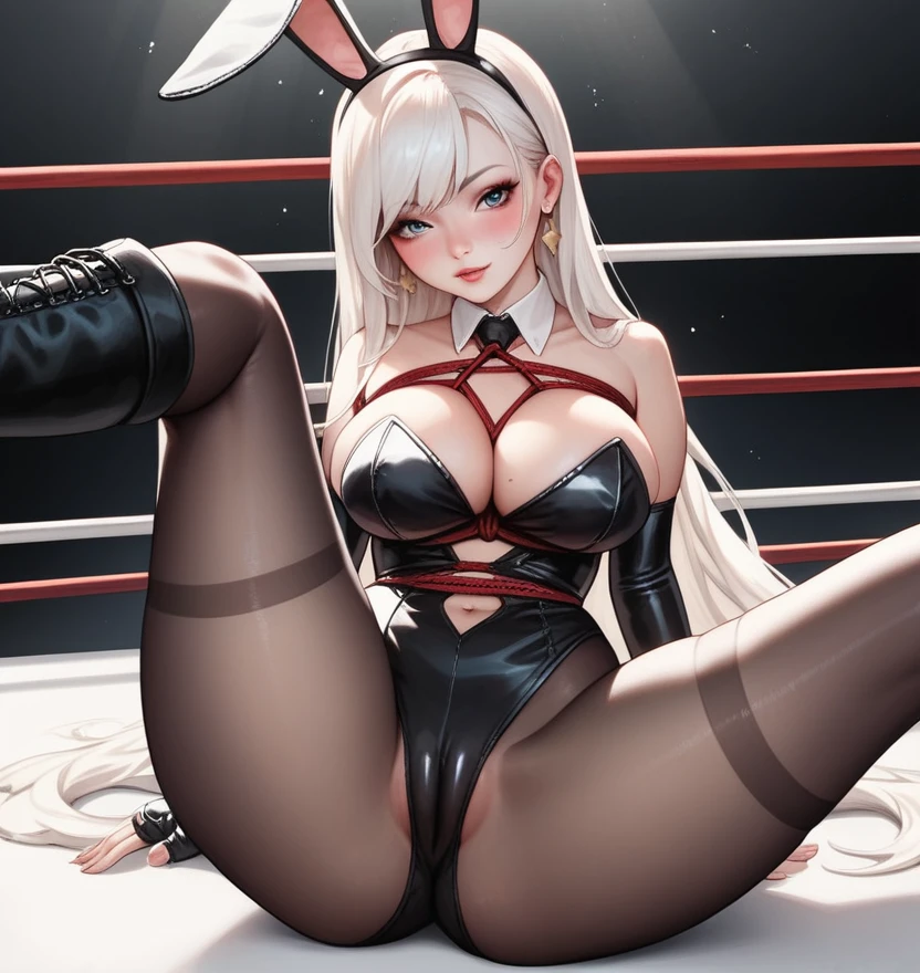 korean beautifull girl,18 years old,Pretty Face,Good shape,detailed picture, Seductive expression, blush,White long hair, Wear a bunny girl outfit,Wear black pantyhose,high-heel boots, Wearing black boxing gloves,Black sleeves on arms, Leaning on the ropes of the boxing ring,Arms on the side rope,Large Breasts,Cleavage,Long legs,Thin waist,nipple,Camel toe,M leg