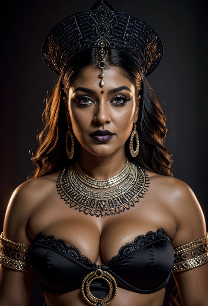Looks like Nayanthara, milf, cougar lady witch, horny Gothic milf, 50 years old gorgeous mature lady, pervert demoness, demoness of lust, curvy, black lips, horny face, extremely gorgeous, thick figure, heavy physique, voluptuous, curvy, sexy figure, Fashionable portrait of androgynous alien looking witch wearing veil, glowing eyes, futuristic design, minimal details, givenchy, photoreal, 200mm, hd, f/ 2.0, highly detailed, surreal, sexy beautiful evil woman, sexy bold sequin Saree with strapless Bra, chudail, Pishachini, horror genre, blood-thirsty enchantress, powerful female spirit, eerie, drop dead, in the style of red and blue, (intricate details, hyperdetailed:1.15) (skin texture:1.2), dark Moody tone, cinematic lighting, haunted place in background,