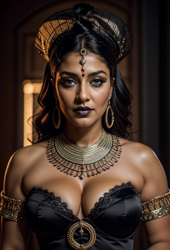 Looks like Nayanthara, milf, cougar lady witch, horny Gothic milf, 50 years old gorgeous mature lady, pervert demoness, demoness of lust, curvy, black lips, horny face, extremely gorgeous, thick figure, heavy physique, voluptuous, curvy, sexy figure, Fashionable portrait of androgynous alien looking witch wearing veil, glowing eyes, futuristic design, minimal details, givenchy, photoreal, 200mm, hd, f/ 2.0, highly detailed, surreal, sexy beautiful evil woman, sexy bold sequin Saree with strapless Bra, chudail, Pishachini, horror genre, blood-thirsty enchantress, powerful female spirit, eerie, drop dead, in the style of red and blue, (intricate details, hyperdetailed:1.15) (skin texture:1.2), dark Moody tone, cinematic lighting, haunted place in background,