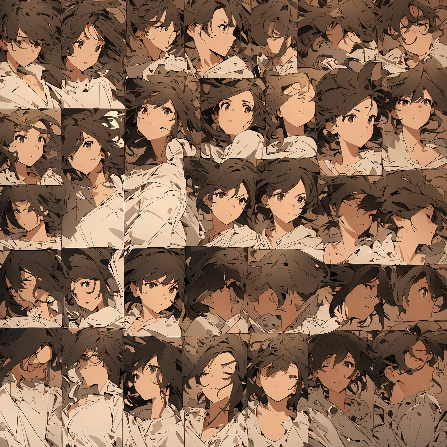 create a picture displays a grid of twelve panels that show the progression of a character's portrait. Initially, the character is in a static pose, looking straight ahead, with his hair arranged. As the sequence progresses, the character's hair becomes increasingly disheveled and animated, suggesting movement or wind action. This image is interesting as it demonstrates the steps of movement in an artistic representation, which may be relevant for understanding animation, illustrating dynamics in static images, or highlighting an artist's ability to portray movement.