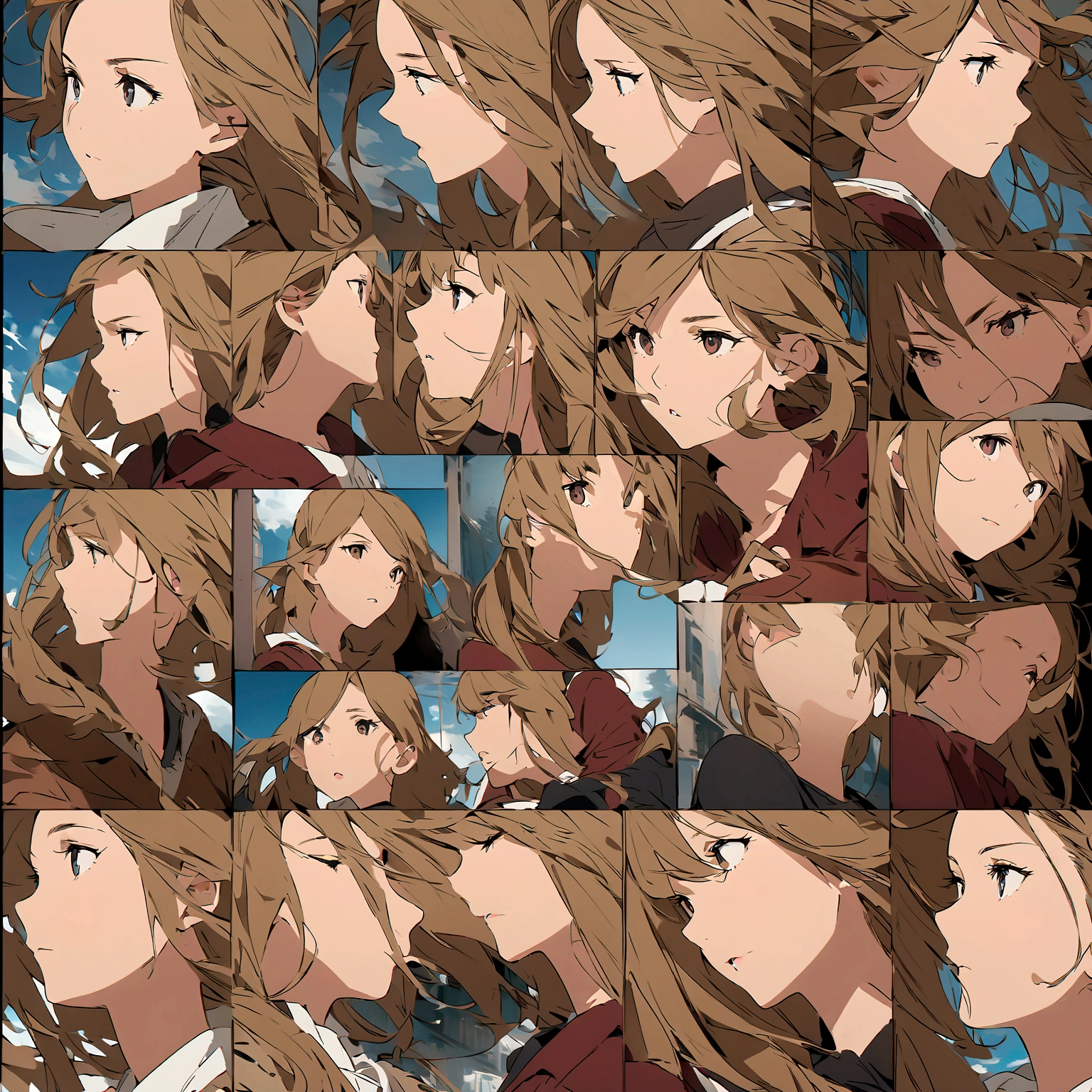 create a picture displays a grid of twelve panels that show the progression of a character's portrait. Initially, the character is in a static pose, looking straight ahead, with his hair arranged. As the sequence progresses, the character's hair becomes increasingly disheveled and animated, suggesting movement or wind action. This image is interesting as it demonstrates the steps of movement in an artistic representation, which may be relevant for understanding animation, illustrating dynamics in static images, or highlighting an artist's ability to portray movement.