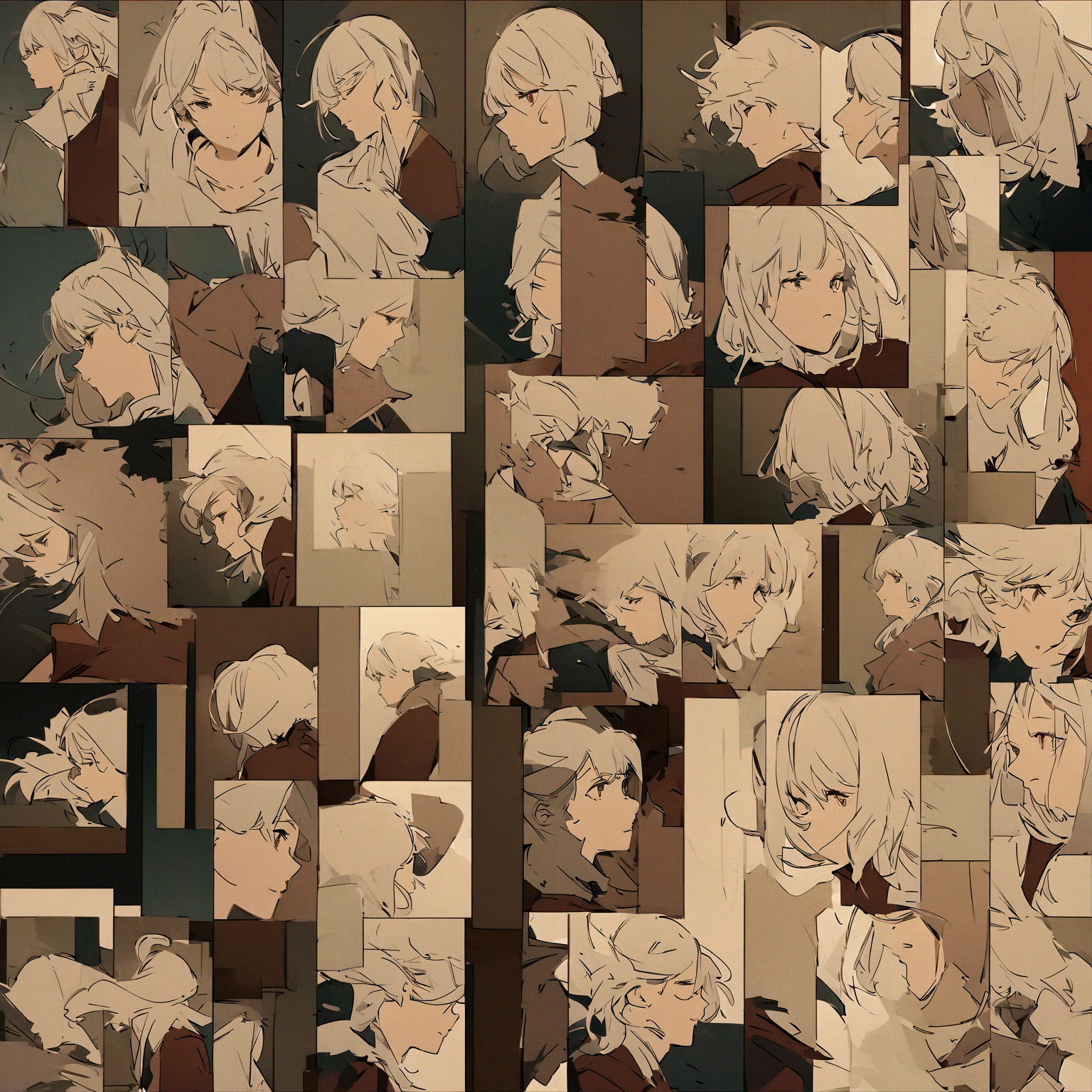 create a picture displays a grid of twelve panels that show the progression of a character's portrait. Initially, the character is in a static pose, looking straight ahead, with his hair arranged. As the sequence progresses, the character's hair becomes increasingly disheveled and animated, suggesting movement or wind action. This image is interesting as it demonstrates the steps of movement in an artistic representation, which may be relevant for understanding animation, illustrating dynamics in static images, or highlighting an artist's ability to portray movement.