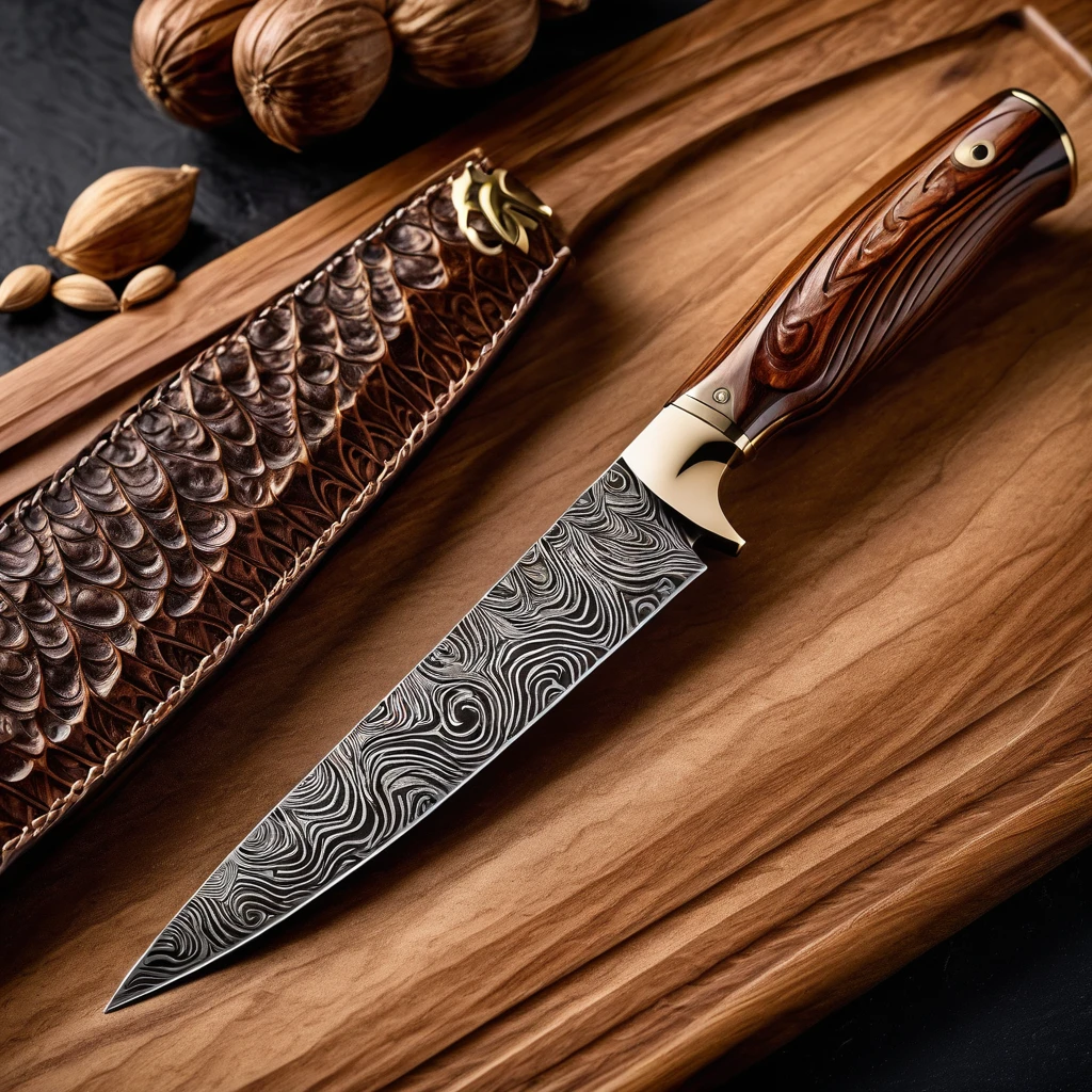 Ultra-detailed product photography of a premium chef's knife, 8k resolution, studio lighting. 8-inch blade with visible 33-layer Damascus steel pattern, wavy ripples, VG-10 core. Mirror-polished finish, razor-sharp edge. Ergonomic handle made of resin-infused wood, rich brown with visible grain, subtle shimmer. Full tang construction. Balanced proportion between blade and handle. Luxury brown leather sheath beside the knife, elegant stitching. Knife placed on a high-end wooden cutting board. Clean, minimalist background. Professional lighting to highlight Damascus pattern and wood grain. Conveys craftsmanship, precision, and luxury. Photorealistic, suitable for e-commerce.