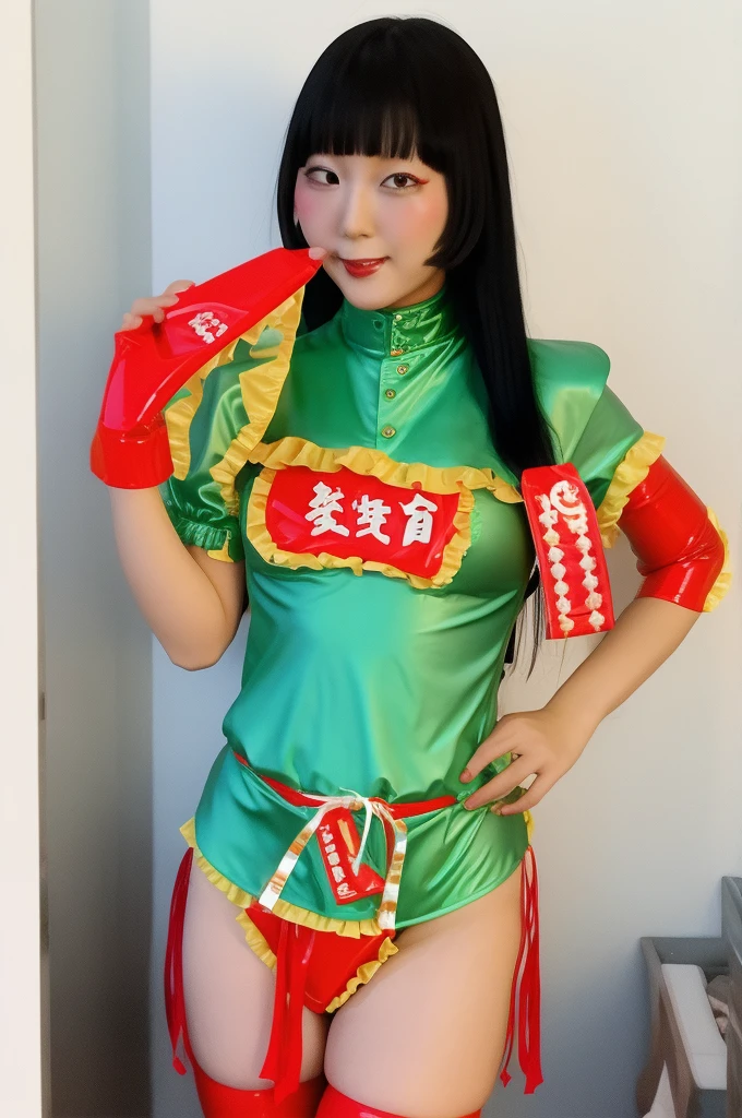 daokomeme, wearing a erotic latex bikini costume, cumshots,