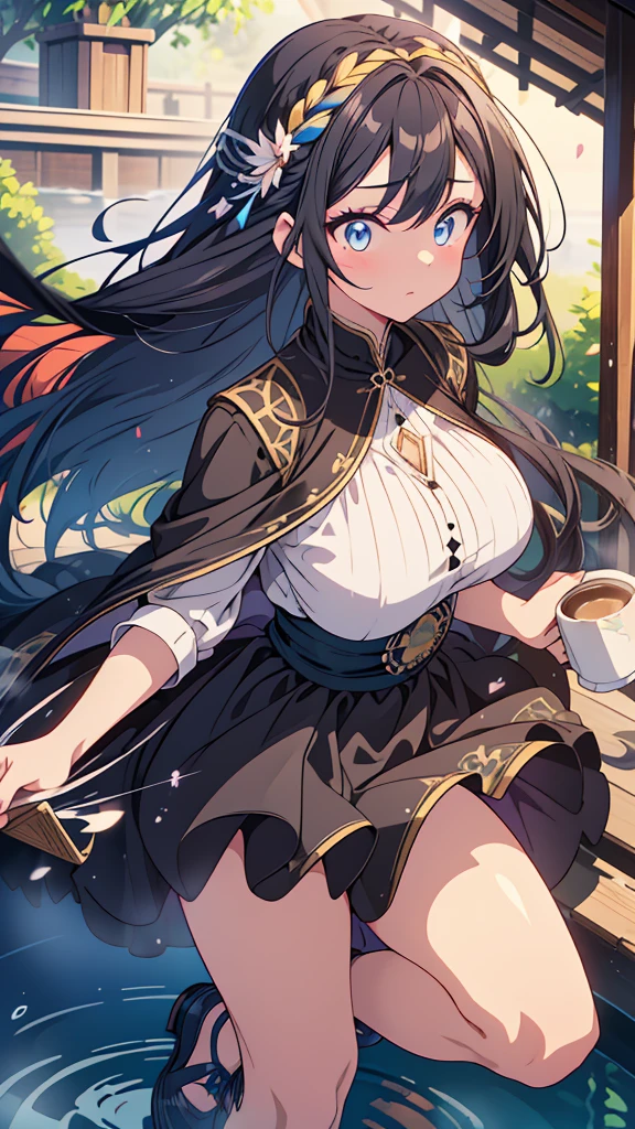 best quality, extremely detailed, anime style adult 1girl, long hair down to the waist, straight hair, ((dark black hair with bluish)),crown braid,beautiful detailed eyes, pinched eyes, dark blue eyes, huge breasts,curvy,(((café motif magical colorful dress))),longskirt,Clothing with intricate decorations,feather and colorful accessory,((foppery shoes)),fluttering cloak,animation cap,animated gif,((((hot spring))))