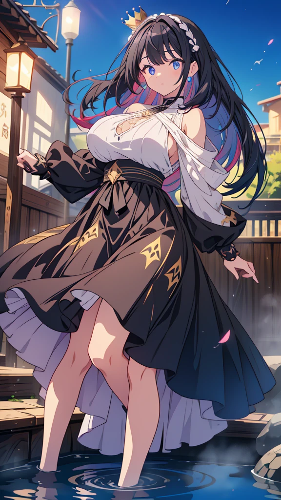 best quality, extremely detailed, anime style adult 1girl, long hair down to the waist, straight hair, ((dark black hair with bluish)),crown braid,beautiful detailed eyes, pinched eyes, dark blue eyes, huge breasts,curvy,(((café motif magical colorful dress))),longskirt,Clothing with intricate decorations,feather and colorful accessory,((foppery shoes)),fluttering cloak,animation cap,animated gif,((((hot spring))))