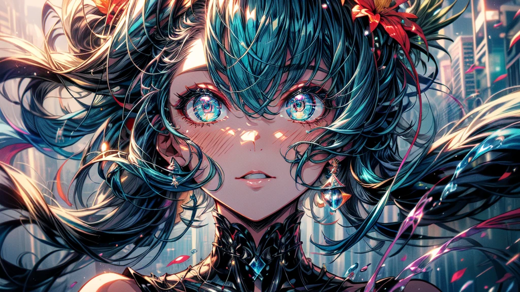 (tmasterpiece), (Best quality at best), (ultra - detailed),(ldisheveled hair),(illustratio), (1个Giant Breast Girl), (Fashion clothing), permanent, A fashion model, looking at viewert, (Interview), (simple backgound),Beautiful and delicate eyes, exquisite and beautiful face, floating,(high saturated),(colorful splash),Colorful bubbles,(Shiny), Focus on the face, pony tails, Ayaka Kamisato, lightblue hair, By bangs, hair loops, floating flowers, floatinghair, (Shiny), best illuminate, The best shadow,