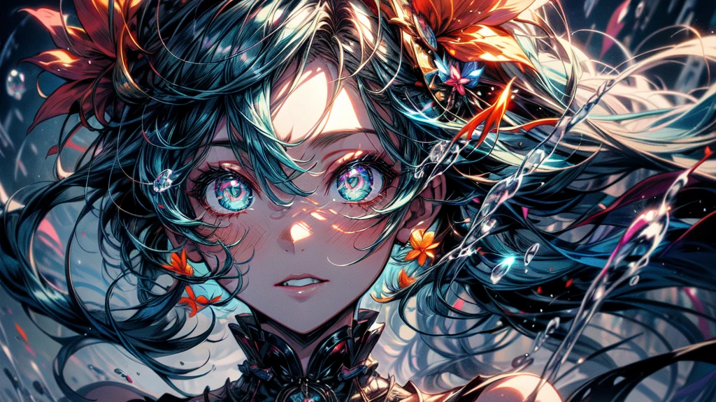 (tmasterpiece), (Best quality at best), (ultra - detailed),(ldisheveled hair),(illustratio), (1个Giant Breast Girl), (Fashion clothing), permanent, A fashion model, looking at viewert, (Interview), (simple backgound),Beautiful and delicate eyes, exquisite and beautiful face, floating,(high saturated),(colorful splash),Colorful bubbles,(Shiny), Focus on the face, pony tails, Ayaka Kamisato, lightblue hair, By bangs, hair loops, floating flowers, floatinghair, (Shiny), best illuminate, The best shadow,