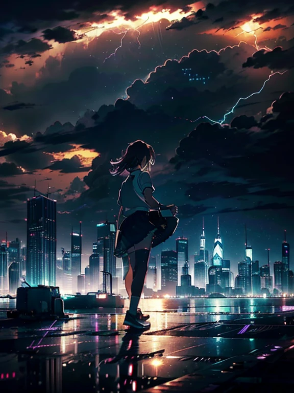 1girl, solo, ,misaka mikoto, shirt, white shirt, brown  sweater vest, skirt, , pleated skirt, short sleeves,  shorts, grey skirt, socks, collared shirt, shoes, loose socks, shorts under skirt, loafers, , black skirt,  ,  masterpiece, best quality, standing,Urban, City, Skyscrapers, Skyline, Illuminated, Lightning, Thunderous, Bolts, Flashing, Glowing, Vibrant, Electric, Striking, Dynamic, Dramatic, Stormy, Urban sprawl, Nighttime, , Excitement, Thriving, Neon lights, Reflections, Illuminated signs, Rain-soaked, Dramatic contrast, Impressive, Resilient, Towering, Spectacular, Impressive, Bustling, Unforgettable, full body, from below