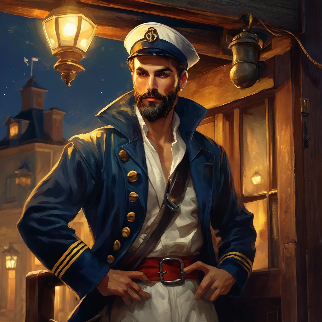 handsome man, trimmed beard, charismatic, sinister, dressed as a sailor, open jacket, sailor's cap, half profile, at night, enters the entrance to a tavern, bertrand mandico art