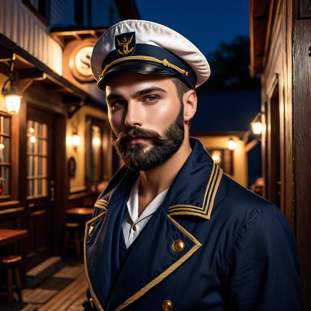 handsome man, trimmed beard, charismatic, sinister, dressed as a sailor, open jacket, sailor's cap, half profile, at night, enters the entrance to a tavern, bertrand mandico art