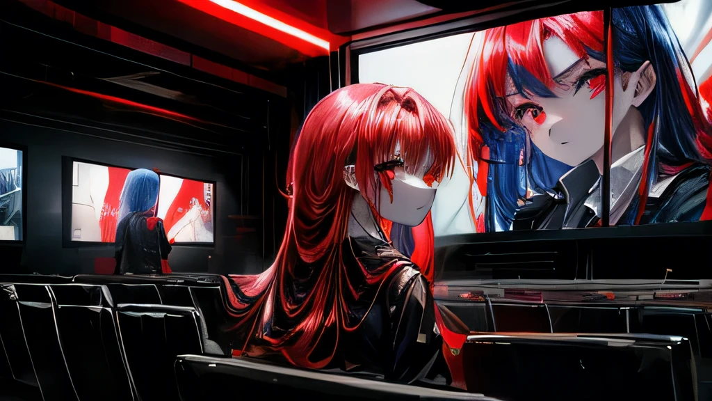 masterpiece, 1 girl, upper body, upclose, girl infront, looks at the viewer, Eyes in TV, Monitors with eyes in background, in doors, red eyes, blood, long blue hair, blue hair, many details, back facing viewer, head turned to look at viewer, emotionless, dim room, only light from tv monitors, monitors with eyes, Many screens showing different things, 1 girl in a screen, detailed eyes in the other screens, well lit, blood on face, blood on hair, blood dripping from eyes, eyes with crosses in them, pale skin, seperate monitors, emotionless face, bright colours, glowing eyes, long hair, white hair, eyes split in half, detailed, neon eyes, beautiful eyes, cool eyes, large monitor screen displaying beautiful eyes in background, girl in the center, silhouette of a girl in the center, red lighting, red eyes, blood, detailed, glowing, dim room, lighting from screens, massive screens displaying giant girl in the background , long hair,in a cinema room, dim lighting, bright lighting, red eyes, girl on screen panel, eyes in screen panels, long red hair, bright red hair, long hair, hair glowing, well lit, detailed, detailed lighting, well lit hair, well lit face, looking at viewer, foggy room, cinema screen , cinema screens with girl in them, emotionless expression, eye on cinema screen, lots of giant cinema screens, glowing eyes, red eyes,