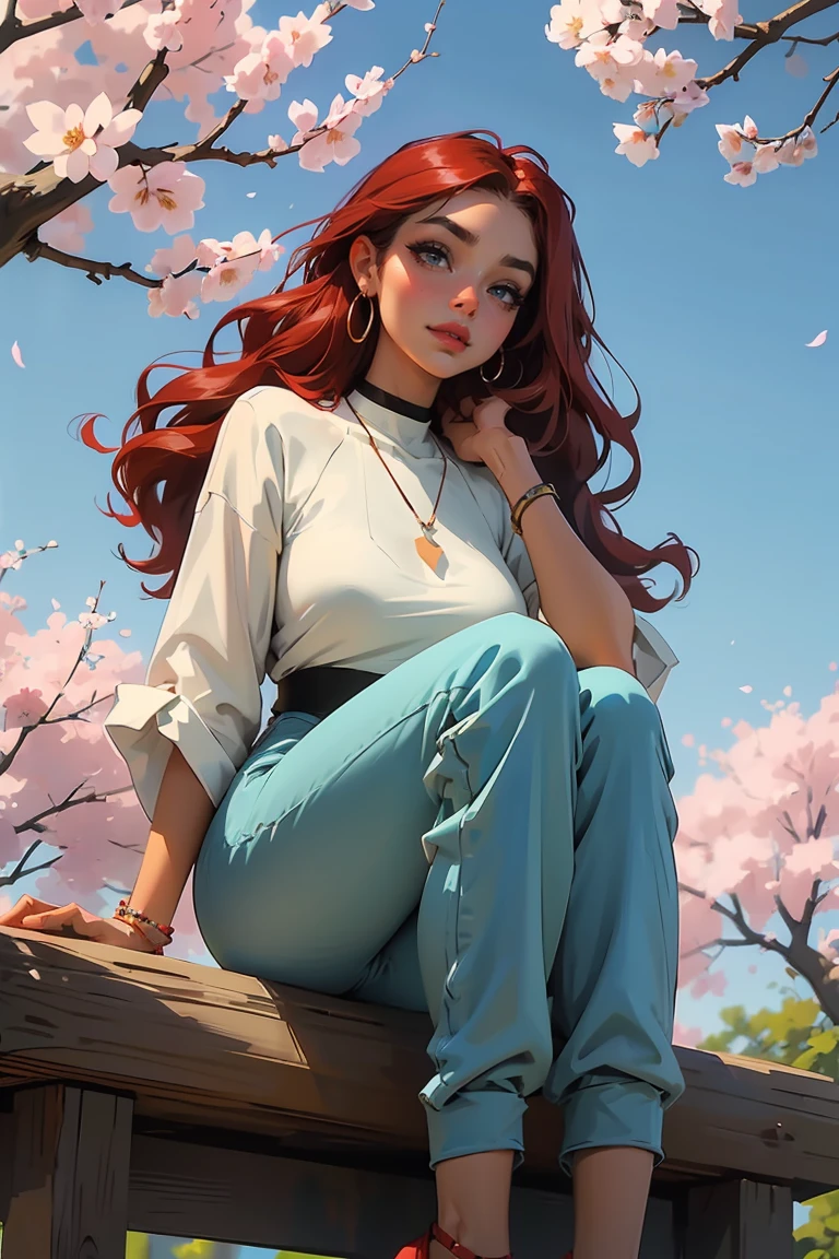 Goddess ((goddess-like woman)), slim, elegant silhouette, masterpiece, (close angle), best quality, cute face, (masterpiece:1,2, best quality), (real picture, intricate details), ( 1 lady, solo, medium tits, narrow waist, (long hair), a woman with long hair, red hair, long wavy red hair, turquoise eyes, she has an impressive presence., bracelet, hoop earrings, jewelry, beautiful face, beautiful eyes, she looks the Looking at viewer, she is wearing earrings, necklace, many different bracelets, wearing a denim blouse and black short jogging pants, black ankle boots with high heels, sweet irresistible smile, elegant pose, elegant hands, beautiful hands, perfect fingers, background: background: Park, Japanese garden Cherry trees, cherry blossoms, blue sky, upper body view,