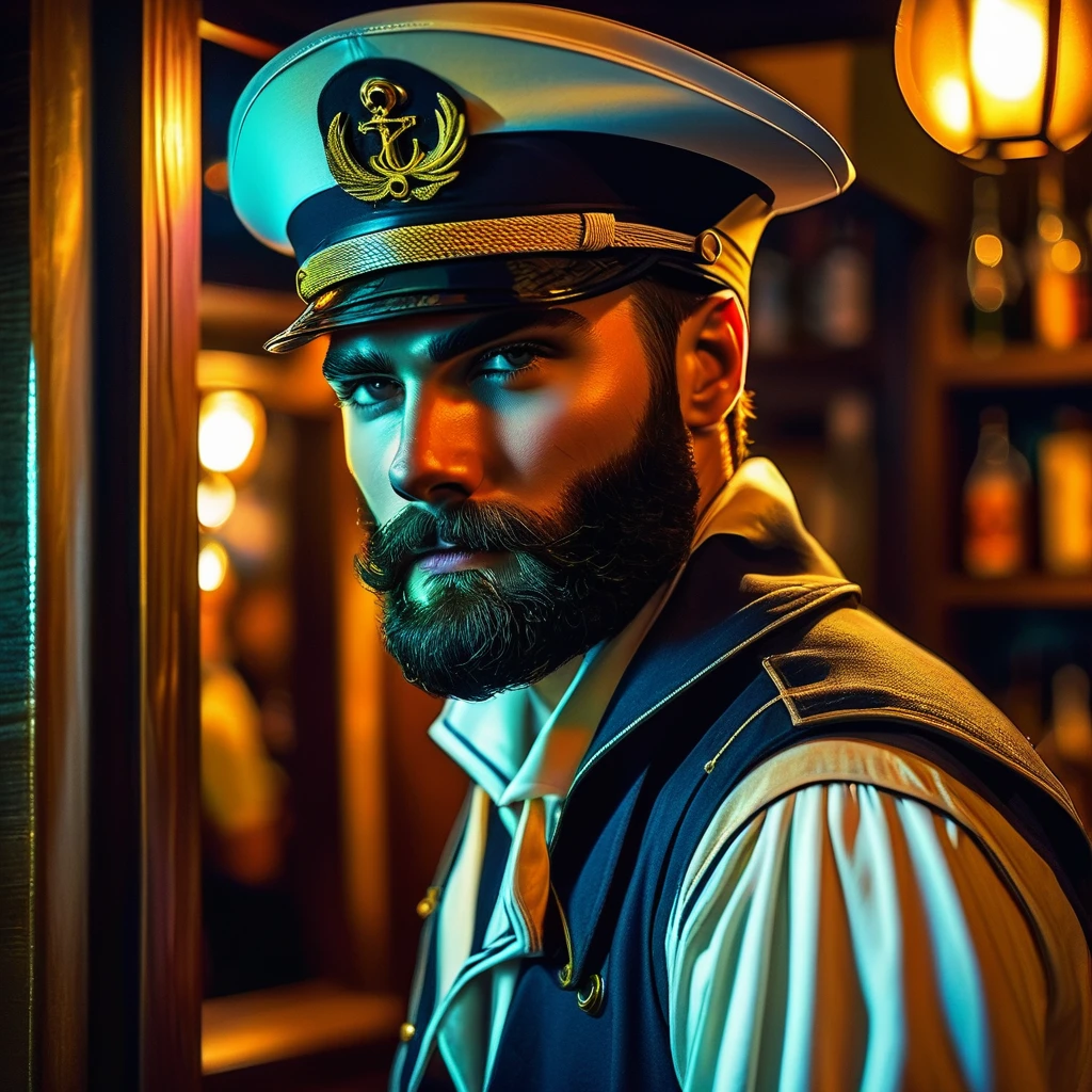handsome man, trimmed beard, charismatic, sinister, dressed as a sailor, open jacket, sailor's cap, half profile, at night, enters the entrance to a tavern, bertrand mandico art