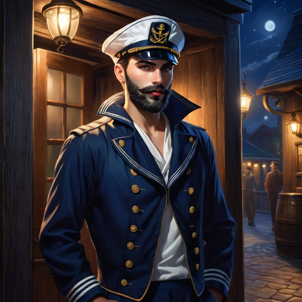 handsome man, trimmed beard, charismatic, sinister, dressed as a sailor, open jacket, sailor's cap, half profile, at night, enters the entrance to a tavern, bertrand mandico art