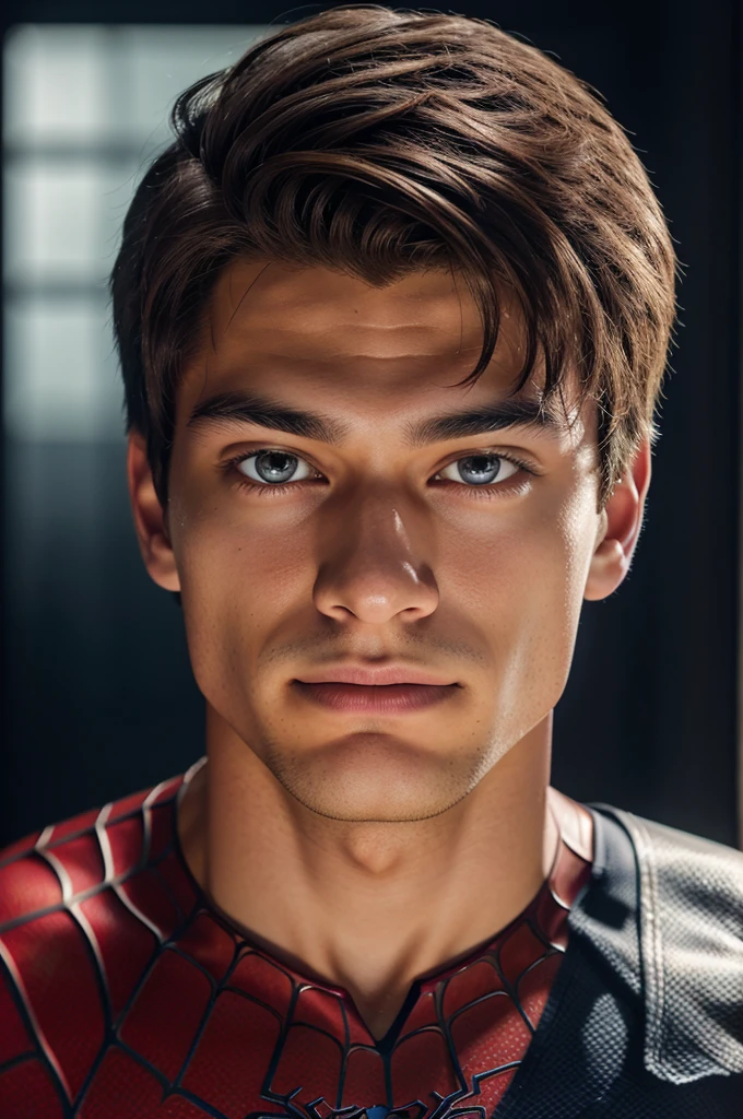 A photograph of spider man, no mask, 20 yo, handsome, detailed face, looking at camera, portrait, 8k uhd, high quality