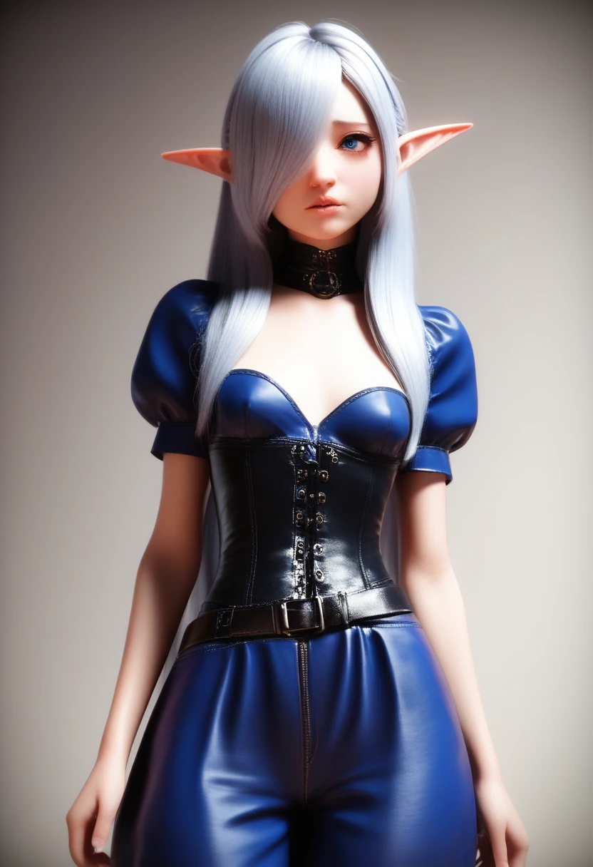 a detailed gnome girl with pale skin, short stature, and very long silver hair that curls at the ends, covering one eye, with small breasts, pouty lips, and bright blue anime-style eyes with long lashes, wearing a corset, white puffy long sleeved shirt, and puffy cloth pants, leather bound boots, set in a windy fantasy landscape, (best quality,4k,8k,highres,masterpiece:1.2),ultra-detailed, dungeons and dragons, long elf ears, small girl, detailed skin and cloth textures, cute detailed face, intricate details, extremely detailed, 1girl, dynamic pose with hair covering one eye, shy personality, cloth pants with leather belt, detailed buccaneer outfit