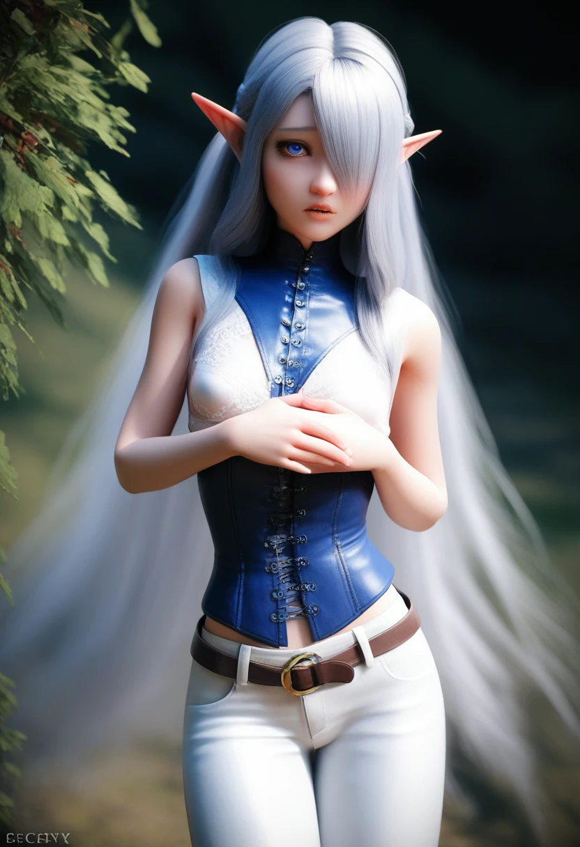 a detailed gnome girl with pale skin, short stature, and very long silver hair that curls at the ends, covering one eye, with small breasts, pouty lips, and bright blue anime-style eyes with long lashes, wearing a corset, white puffy long sleeved shirt, and puffy cloth pants, leather bound boots, set in a windy fantasy landscape, (best quality,4k,8k,highres,masterpiece:1.2),ultra-detailed, dungeons and dragons, long elf ears, small girl, detailed skin and cloth textures, cute detailed face, intricate details, extremely detailed, 1girl, dynamic pose with hair covering one eye, shy personality, cloth pants with leather belt, detailed buccaneer outfit