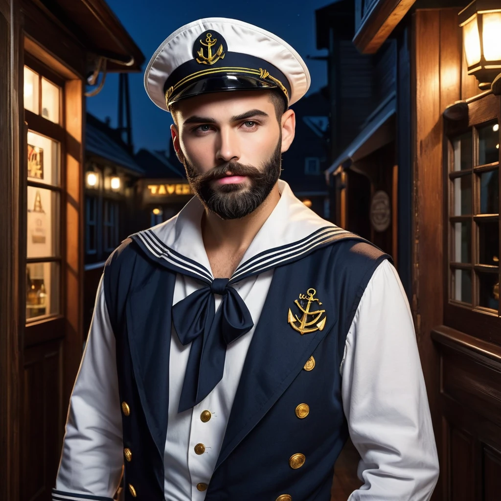 handsome man, trimmed beard, charismatic, sinister, dressed as a sailor, open jacket, sailor's cap, half profile, at night, enters the entrance to a tavern, bertrand mandico art