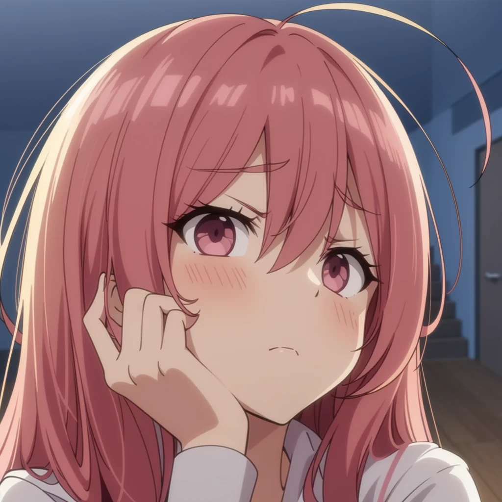 young woman. pink hair. amber eyes. arrogant face. white blouse. wild hair. furrowed brow. contemptuous look. against the backdrop of an apartment room. ladder. door. white wallpaper.