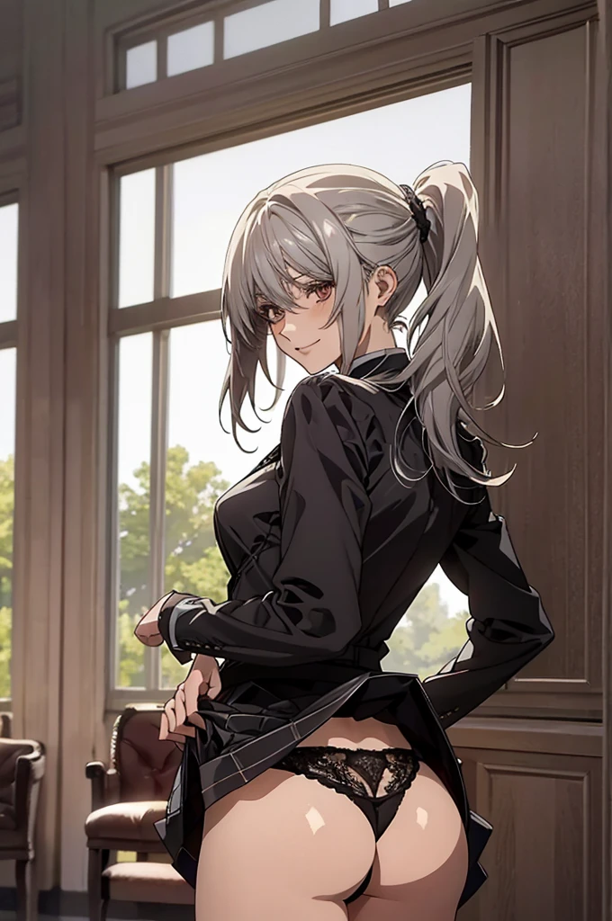 (Confused, High resolution, Very detailed), 1 female, Silver Hair, Long Hair, Reddish brown eyes, Dark suit skirt, lace thong, secretary, Low Ponytail, 24th generation, Beautiful woman, mature, thin, quiet, Calm, A small smile, Reception room, looking back,