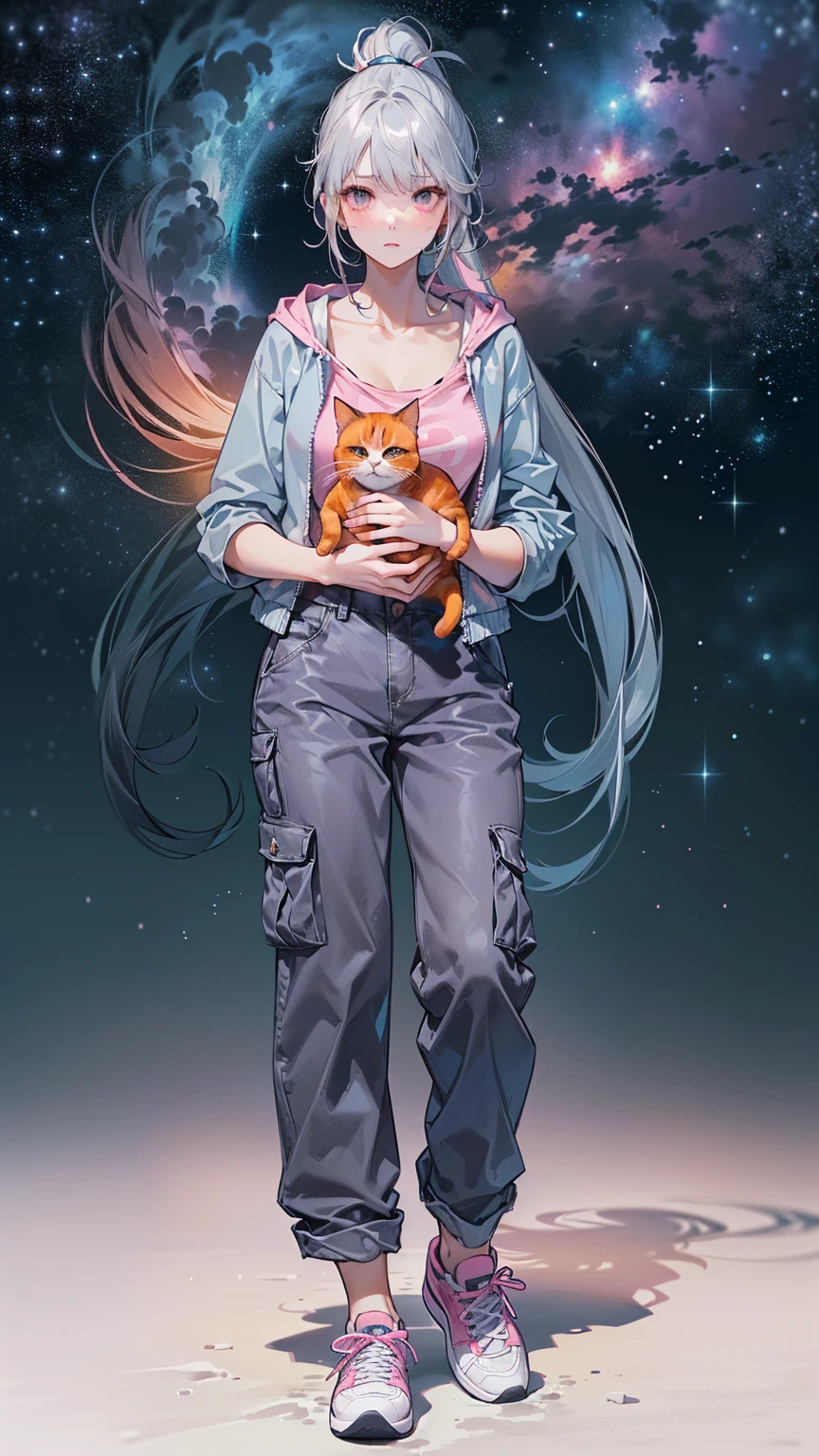 (((Holding a cute orange bantam cat in both hands)))，((Highest quality，masterpiece，一位超Mature高挑美女正面全身圖，Air bangs，Blue gray high ponytail super long straight hair，Slightly curly hair on double sideburns，Hair ends curled in，Gray and pink short T-shirt，Light blue denim gray hooded jacket，Black and gray long and wide cargo pants，Pink and white sneakers，Exposed clavicle))，((Mature，Look at the camera head-on))，starry sky galaxy background