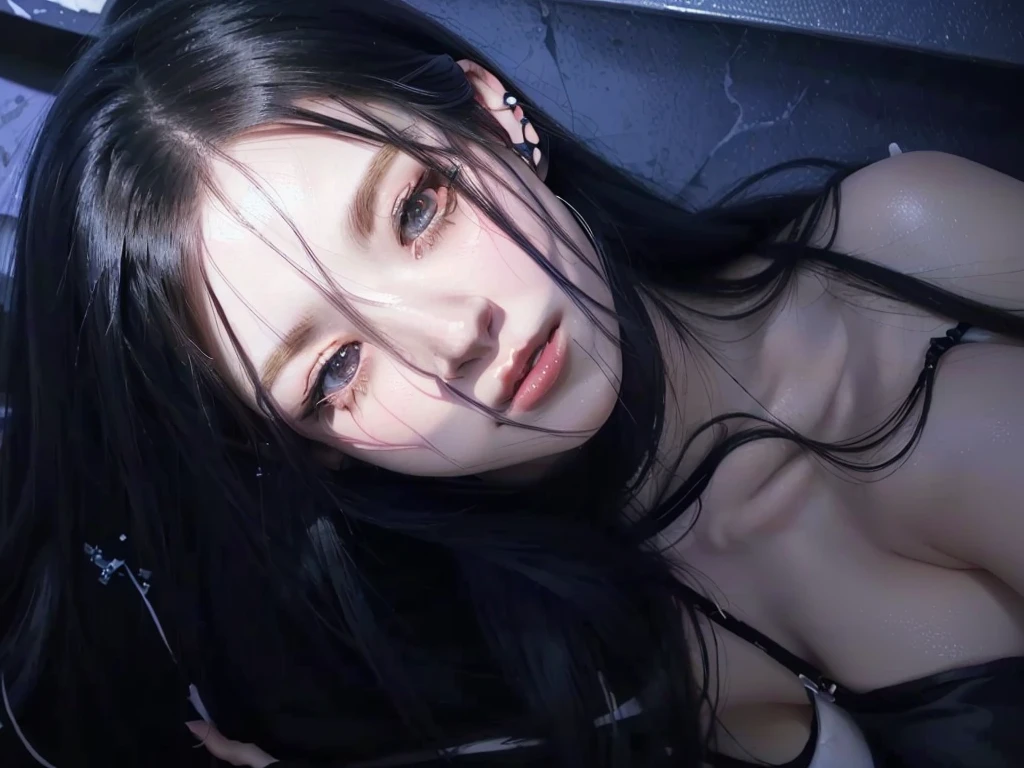 anime, a woman with long black hair and a black top, with long hair and piercing eyes, seductive tifa lockhart portrait, stunning anime face portrait, detailed portrait of anime girl, the piercing stare of yuki onna, made with anime painter studio, beautiful anime woman, beautiful anime portrait, seductive anime girl, painted in anime painter studio, beautiful anime face