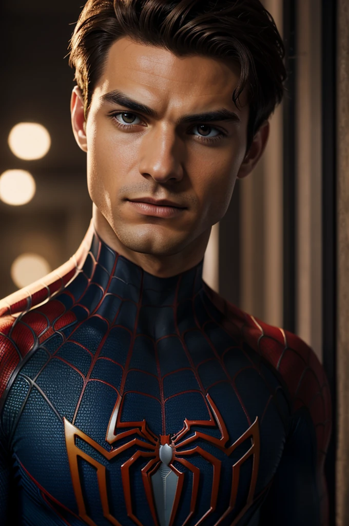 A photograph of Spider-Man., sin mascara, the 20s, elegant, detailed face, looking to the camera, portrait, 8k hd, high quality