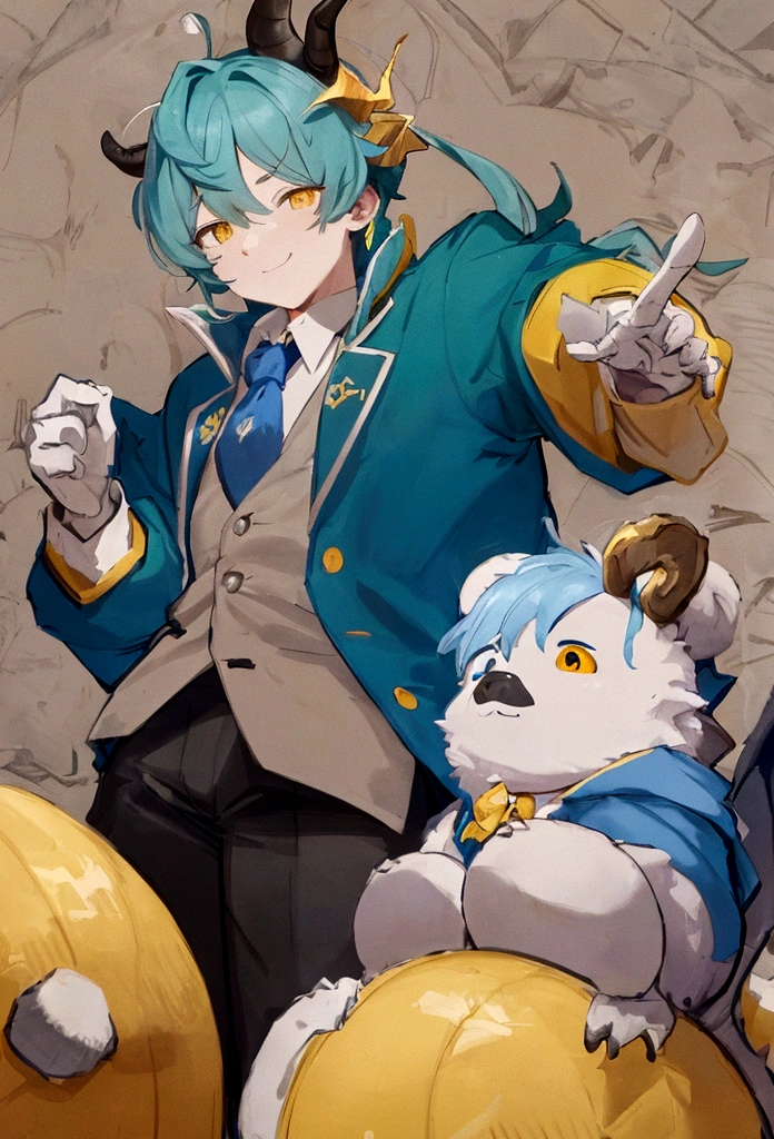 A dragon with yellow eyes light blue skin with 2 small yellow horn on head with white eyebrow hair 2 color white and dark blue with bear on both cheeks, have a chubby big body and have the height 178cm, Wearing a blue and dark green jacket with a few yellow lines inside, wearing a white collared shirt with a dark green tie and wear bit black pant