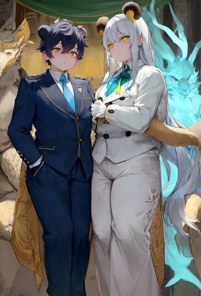 A dragon with yellow eyes light blue skin with 2 small yellow horn on head with white eyebrow hair 2 color white and dark blue with bear on both cheeks, have a chubby big body and have the height 178cm, Wearing a blue and dark green jacket with a few yellow lines inside, wearing a white collared shirt with a dark green tie and wear bit black pant