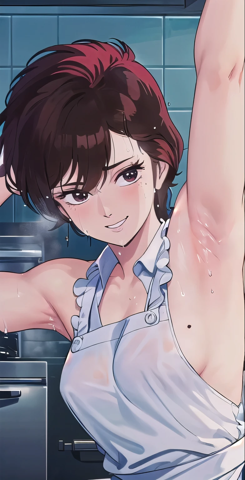 Kaori, 1girl, solo, upper body, kitchen, cooking, looking at viewer, smile, apron, perfect quality, good quality, masterpiece, HDR, UHD, ((hd armpits)), ((super detailed armpits)), ((full of sweat)), sweaty, ((dripping wet armpits)), close up armpits, ((armpit_hair:1.3)), moles armpits