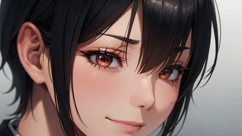 one woman, japan girl style, short hair hot pink eyes, amused, tailcoat, tying up hair, side profile, dark room, evil smile, disgusted, looking at viewer, dark lighting, photography, best quality, realistic, realistic, intricate details, (fine details), (intricate details), cinematic light, best quality backlight, clear lines, 8k, super high resolution, pureerosface_v1,