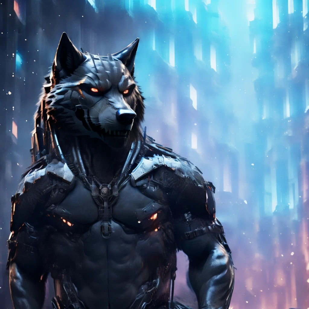 Posing, Male, 30 years old, evil grin, blue glowing eyes , anthro, wolf ears, (black fur:1.5), cyber wolf, city background, 8k, hi res, (best quality, masterpiece), (wolf tail:1.5), detailed fur, solo, looking at camera, night, black leather jacket, Blue jeans, realistic,