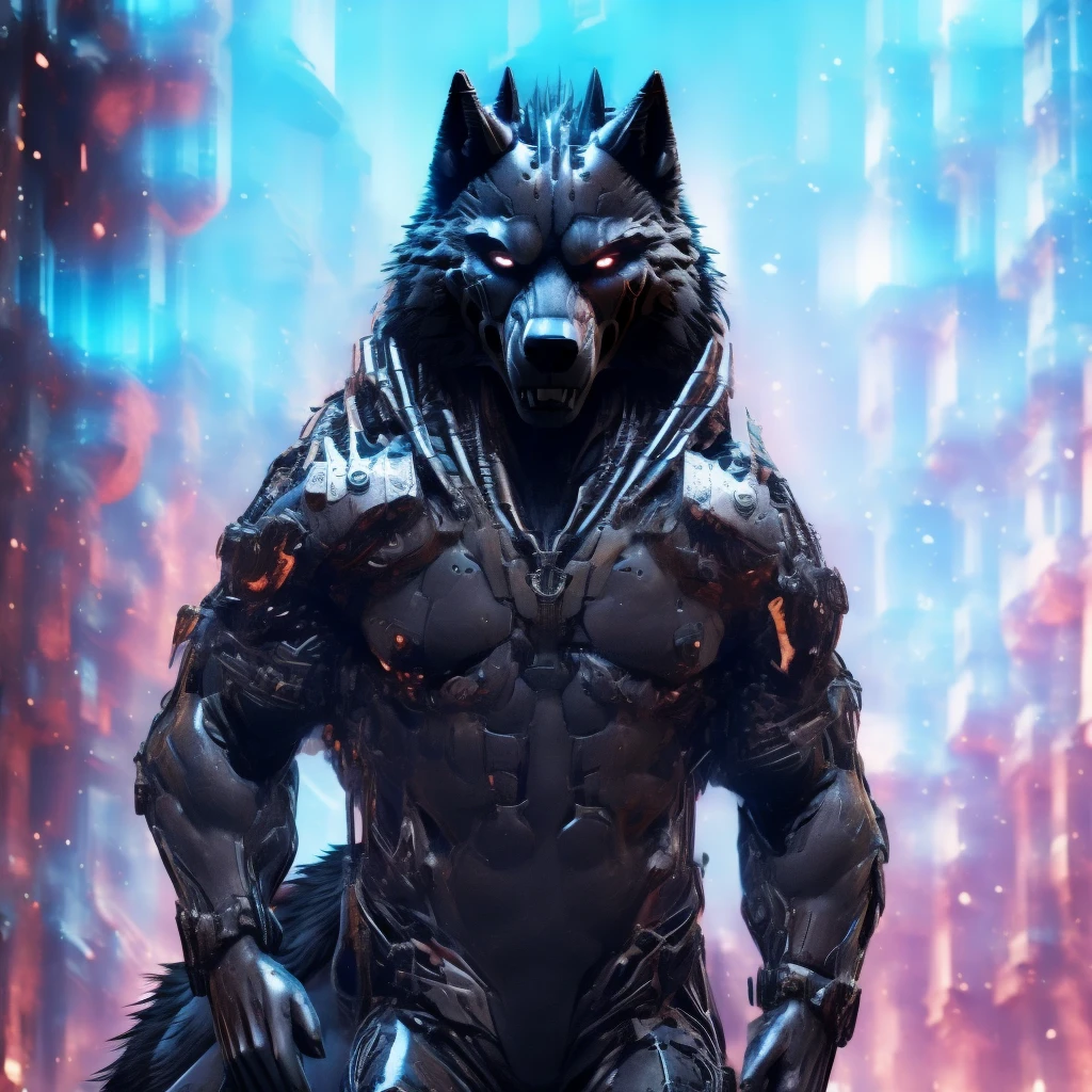 Posing, Male, 30 years old, evil grin, blue glowing eyes , anthro,  wolf ears, (black fur:1.5), cyber wolf, city background, 8k, hi res, (best quality, masterpiece), (wolf tail:1.5), detailed fur, solo, looking at camera, night, black leather jacket, Blue jeans, realistic,