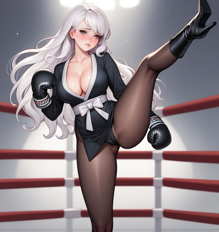 korean beautifull girl，18 years old,Pretty Face，Good shape，detailed picture, Shy expression， blush，White long hair, Wearing a boxing robe，Wear black pantyhose，high-heel boots, Wearing black boxing gloves，Black sleeves on arms, Side kick in the boxing ring，Large Breasts,Cleavage,Long legs，Thin waist，nipple，Camel toe