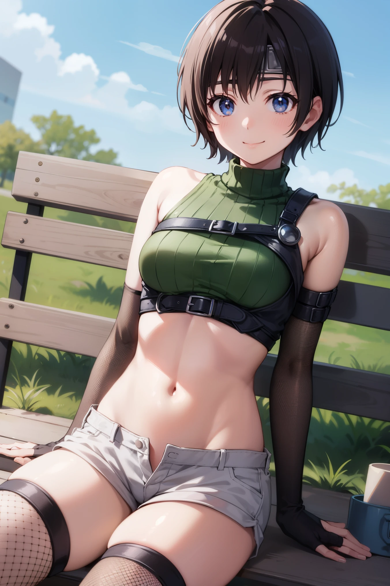 yuffiekisaragi, Yuffie Kisaragi,Haircuts, pixie cut,
壊す crop top, fingerless gloves, fishnet Thighhighs, fishnet, forehead protector, gloves, head band, belly button, short shorts, shorts, single sleeve, single thigh high, No sleeve, No sleeve turtleneck, Thighhighs, turtleneck,
bench、blue sky、smile, solo