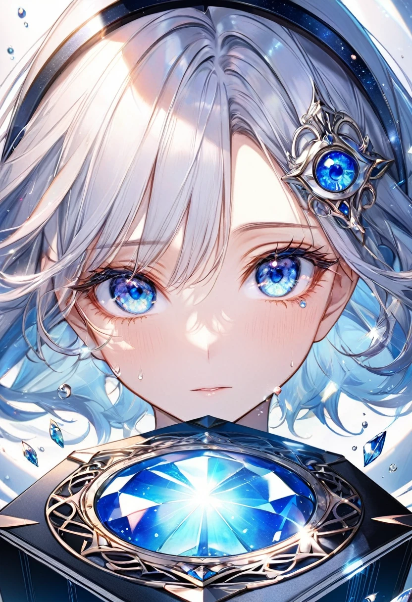 Create a cover for a book, In the middle of said portal there are beautiful blue eyes like diamonds., with pretty eyelashes and lots of shine, but they look tired or empty with noticeable tears, that has a title "almost perfect omega"