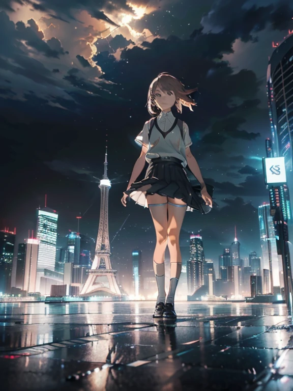 1girl, solo, ,misaka mikoto, shirt, white shirt, brown sweater vest, skirt, , pleated skirt, short sleeves, shorts, grey skirt, socks, collared shirt, shoes, loose socks, shorts under skirt, loafers, , black skirt, , masterpiece, best quality, standing,Urban, City, Skyscrapers, Skyline, Illuminated, Lightning, Thunderous, Bolts, Flashing, Glowing, Vibrant, Electric, Striking, Dynamic, Dramatic, Stormy, Urban sprawl, Nighttime, , Excitement, Thriving, Neon lights, Reflections, Illuminated signs, Rain-soaked, Dramatic contrast, Impressive, Resilient, Towering, Spectacular, Impressive, Bustling, Unforgettable, full body, from below