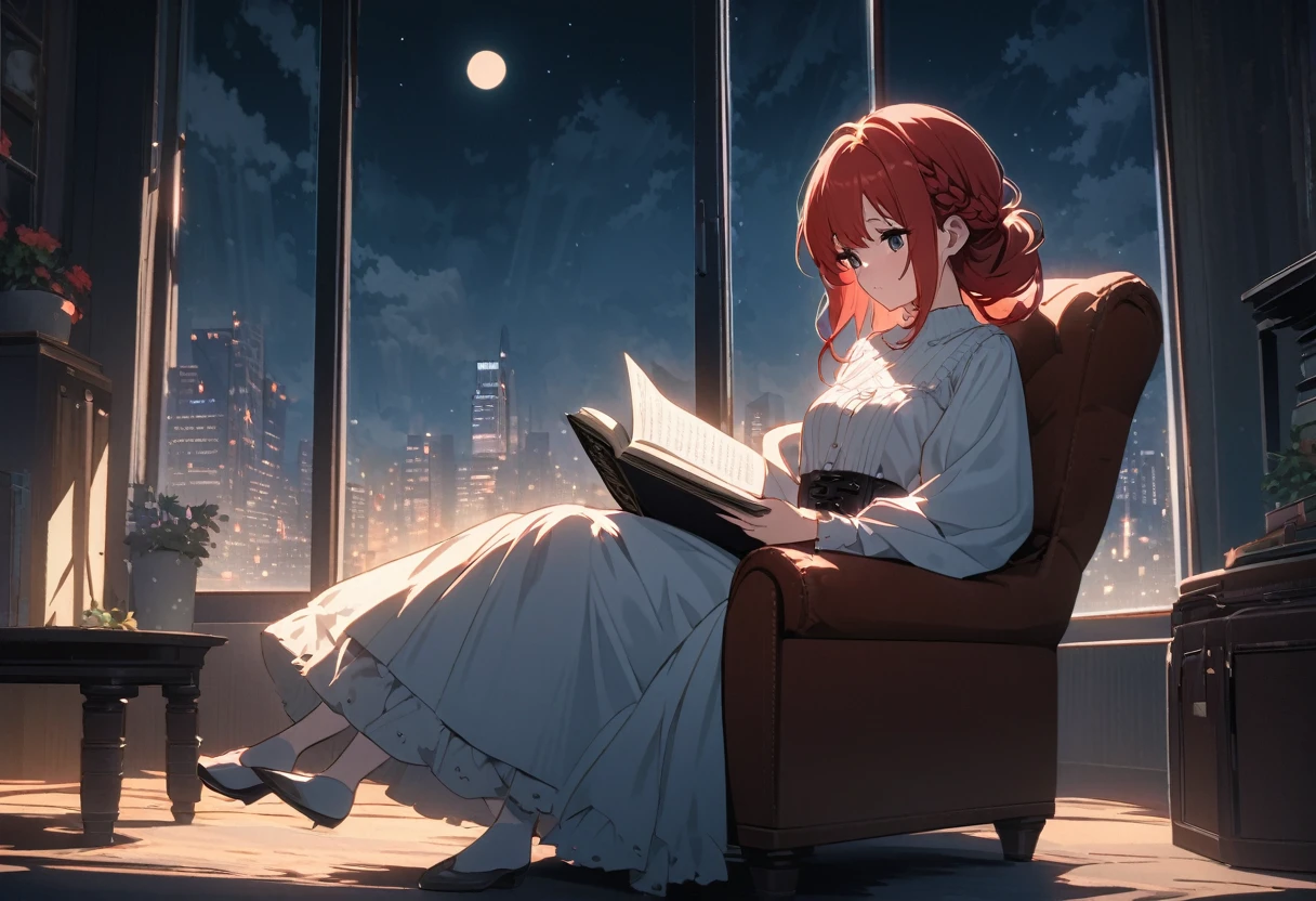 A beautiful 22-year-old woman with a perfect face, long, red hair styled in a braid, and captivating black eyes sits curled up in a plush armchair near a window, completely absorbed in reading a worn leather-bound book. Moonlight streams softly through a large window, illuminating dust motes dancing in the air. A white cat sits regally on the table in front of her, gazing out the window at the cityscape below, bathed in the cool, calming light of the distant moon. The peaceful night lighting and soft moonlight create a serene mood, perfect for a lofi girl illustration. Render the scene in a detailed anime style, suitable for 8K- ultra HD resolution.