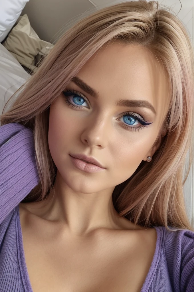 arafed femme pleinement , fille sexy aux yeux bleus, ultra réaliste, Méticuleusement détaillé, cheveux blonds et grands yeux bleus, selfie d'une jeune femme, yeux de la chambre, violette myers, sans maquillage, maquillage naturel, regarder directement la caméra, visage avec artgram, maquillage subtil, superbe photo de tout le corps à genoux sur le lit, dans la chambre, Buste de taille moyenne à grande, en sous-vêtements