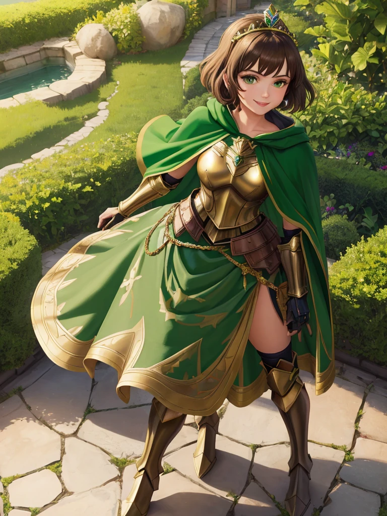 masterpiece, best quality:1.2), 1girl, smile, looking at viewer, green eyes, short brown hair, princess, armor, , pauldrons, armored dress, green cloak cape, wearing puffy blue ballgown skirt, golden tiara with green gem, armored boots, fingerless gloves, standing in medieval garden