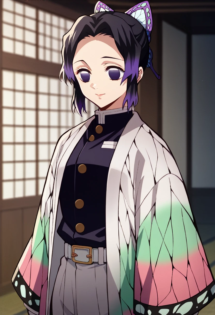 EFT_Shinobu, 1girl, kochou shinobu, demon slayer uniform, butterfly hair ornament, solo, hair ornament, weapon, sword, purple hair, multicolored hair, purple eyes, black hair, japanese clothes, gradient hair, haori, belt, katana, short hair, sheath, long sleeves, empty eyes, parted bangs, jacket, no pupils, bangs, white belt, blurry background, indoors, upper body, blurry, light smile