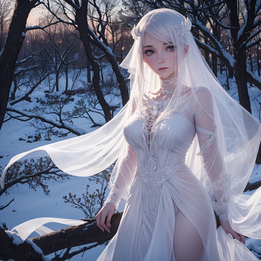 classic ghost, white translucent female, entangled in tree branches, twilight